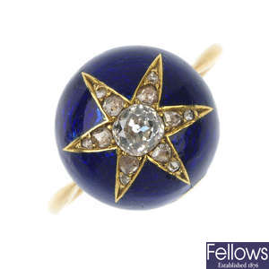 An 18ct gold diamond and enamel star ring.