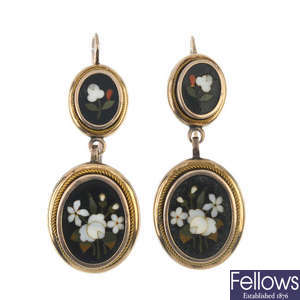A pair of late 19th century gold pietra dura ear pendants.