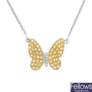 A sapphire and diamond butterfly pendant, on chain.