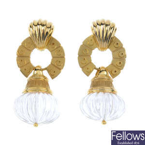 A pair of 18ct gold rock crystal ear pendants.