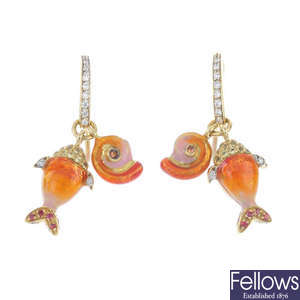 A pair of enamel and gem-set novelty ear pendants.
