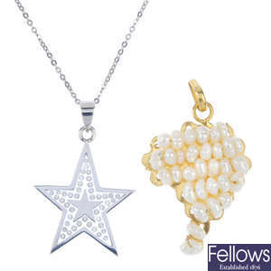 A diamond star pendant with chain, and a seed pearl pendant.