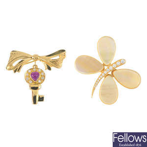 Two diamond and gem-set brooches. 