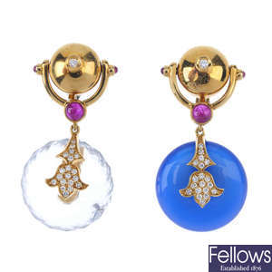 A pair of diamond and gem-set ear pendants.