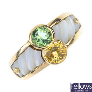 A sapphire tourmaline and mother-of-pearl dress ring. 