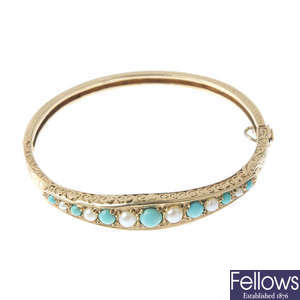 A turquoise and split pearl hinged bangle.