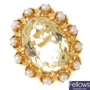 A 9ct gold citrine and cultured pearl dress ring. 