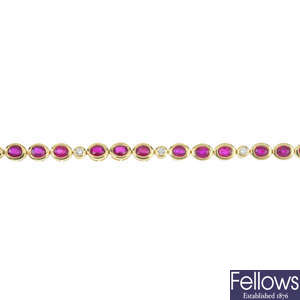 An 18ct gold ruby and diamond line bracelet.