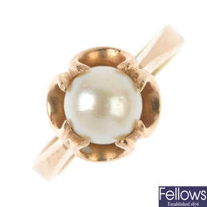 A cultured pearl single-stone ring.