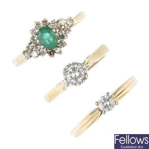 A selection of three 9ct gold gem-set and diamond rings. 