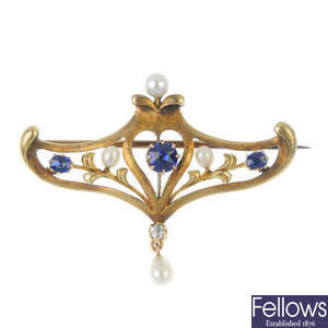 An early 20th century 14ct gold sapphire, diamond and seed pearl brooch.
