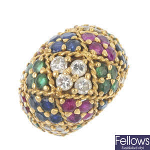A diamond, ruby, sapphire and emerald bombe ring.