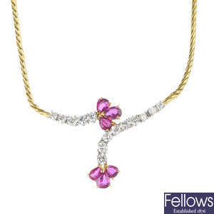 A 1980s 18ct gold ruby and diamond necklace.