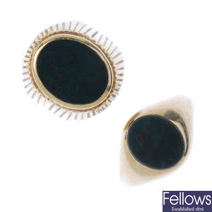 Two 9ct gold bloodstone signet rings.