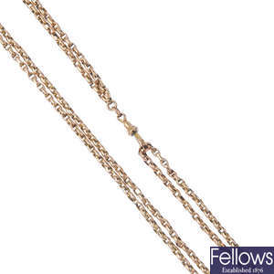 An early 20th century gold long guard chain.