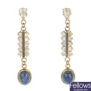 A pair of sapphire and paste ear pendants. 