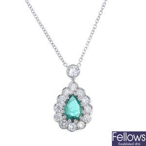 An emerald and diamond cluster pendant, with chain.