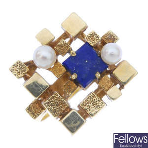 A 1970s lapis lazuli and seed pearl dress ring.  