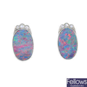 A pair of mid 20th century diamond and opal doublet ear studs.