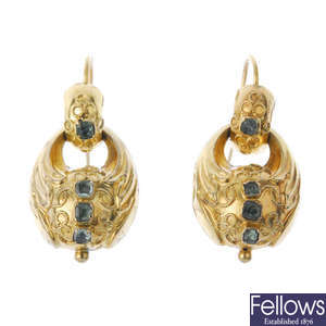 A pair of late 19th century gold emerald ear pendants.