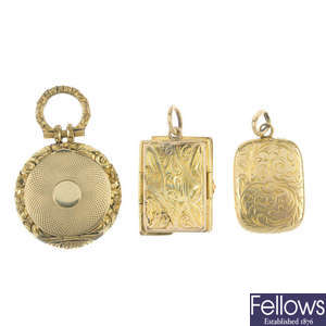 A selection of three 19th century gold pendants.