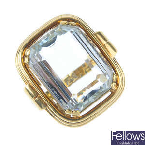 A mid 20th century 14ct gold aquamarine single-stone ring.