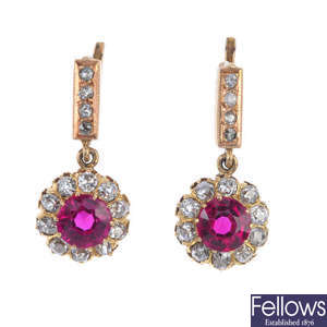 A pair of synthetic ruby and diamond ear pendants. 