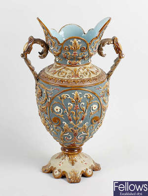 An Austrian majolia twin handled vase, Wilhelm Schiller & Son. 