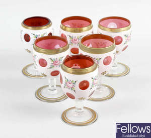  A matched set of six cranberry and white overlay drinking glasses