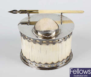 An ivory and silver plated inkstand 