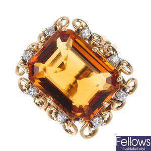A citrine and diamond ring.