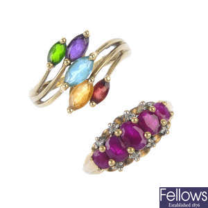 A selection of 9ct gold gem-set rings. 