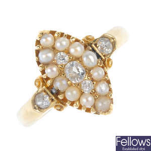 An early 20th century gold diamond and split pearl ring and a stickpin.