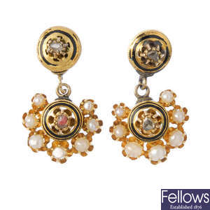 A pair of diamond, enamel and split pearl ear pendants.