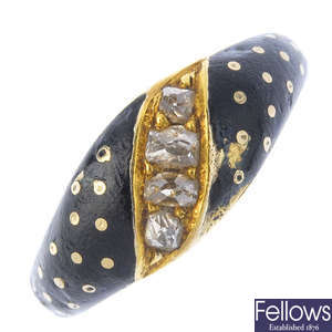 A late 19th century 18ct gold enamel and diamond ring. 