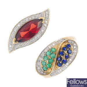 A selection of gold gem-set and diamond dress rings. 