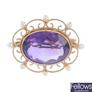 An amethyst and seed pearl cluster brooch. 