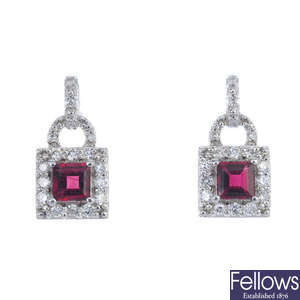 A pair of 18ct gold tourmaline and diamond ear pendants. 