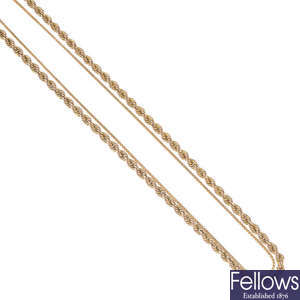 A 9ct gold necklace and two 9ct gold chains. 
