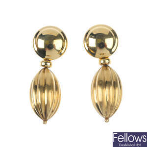 A pair of 18ct gold ear pendants.