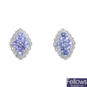 A pair of 9ct gold tanzanite and diamond cluster ear studs.