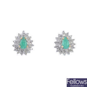 A pair of 9ct gold emerald and diamond cluster ear studs.