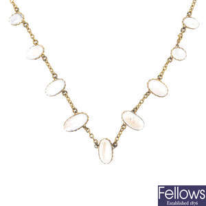 An early 20th century 9ct gold moonstone necklace.