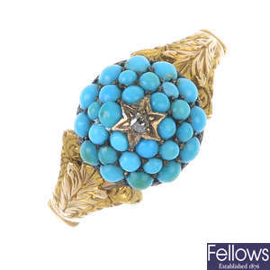 A mid 19th century gold, diamond and turquoise ring.
