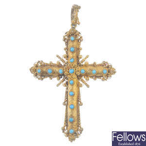 A mid 19th century gold, turquoise cross pendant.