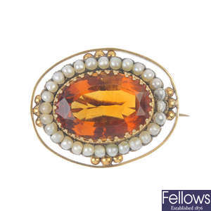 A late 19th century citrine and split pearl brooch.