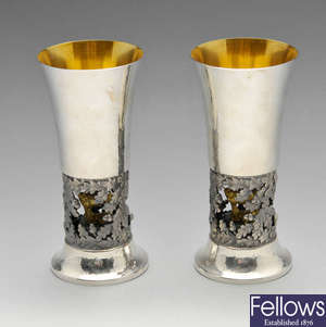 A pair of 1980's silver commemorative goblets. 