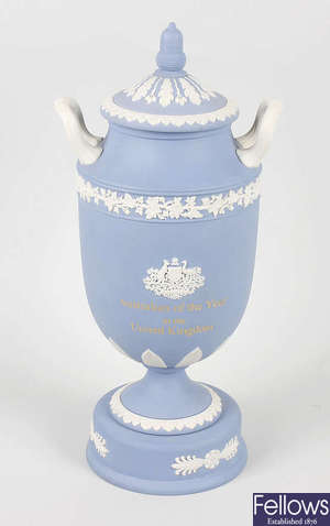 A Wedgwood Jasperware Australian of the Year in the United Kingdom twin handled urn and cover