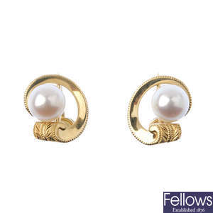 MIKIMOTO - a pair of cultured pearl ear studs.