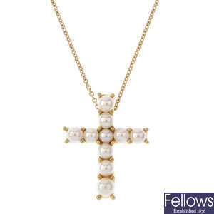 MIKIMOTO - a cultured pearl cross pendant, with chain.